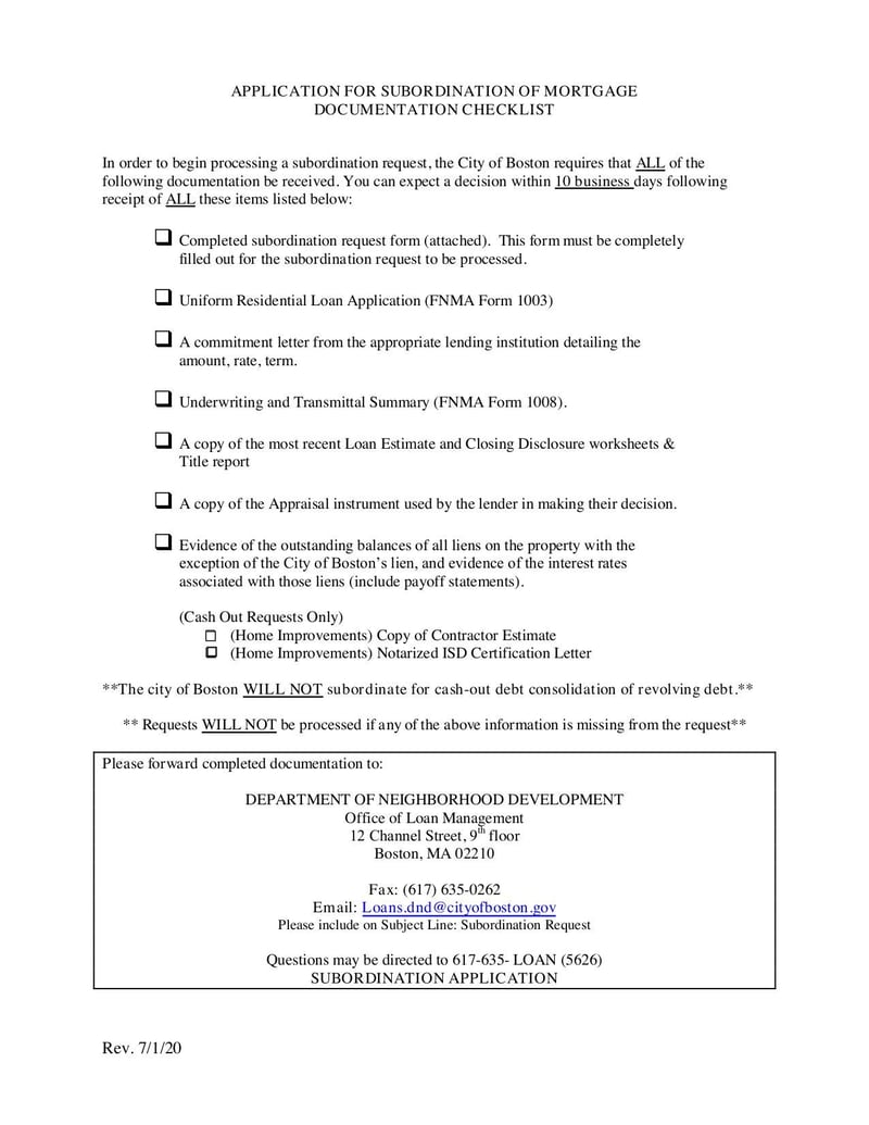 Thumbnail of Application for Subordination of Mortgage Documentation Checklist - Jul 2021 - page 0
