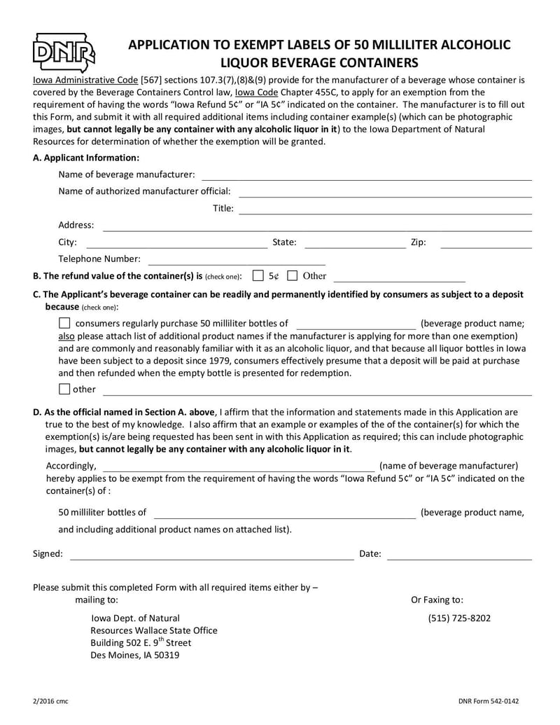 Large thumbnail of DNR Form 542-0142 - Feb 2016