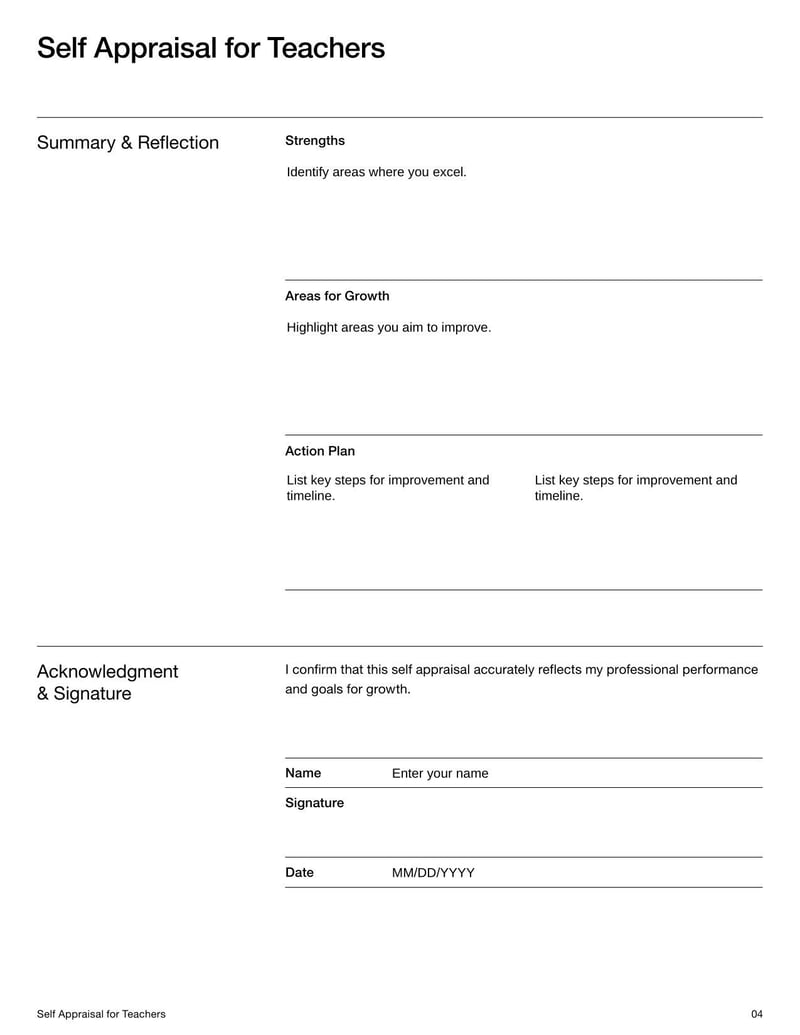 Self Appraisal for Teachers Template for teachers to assess their own performance