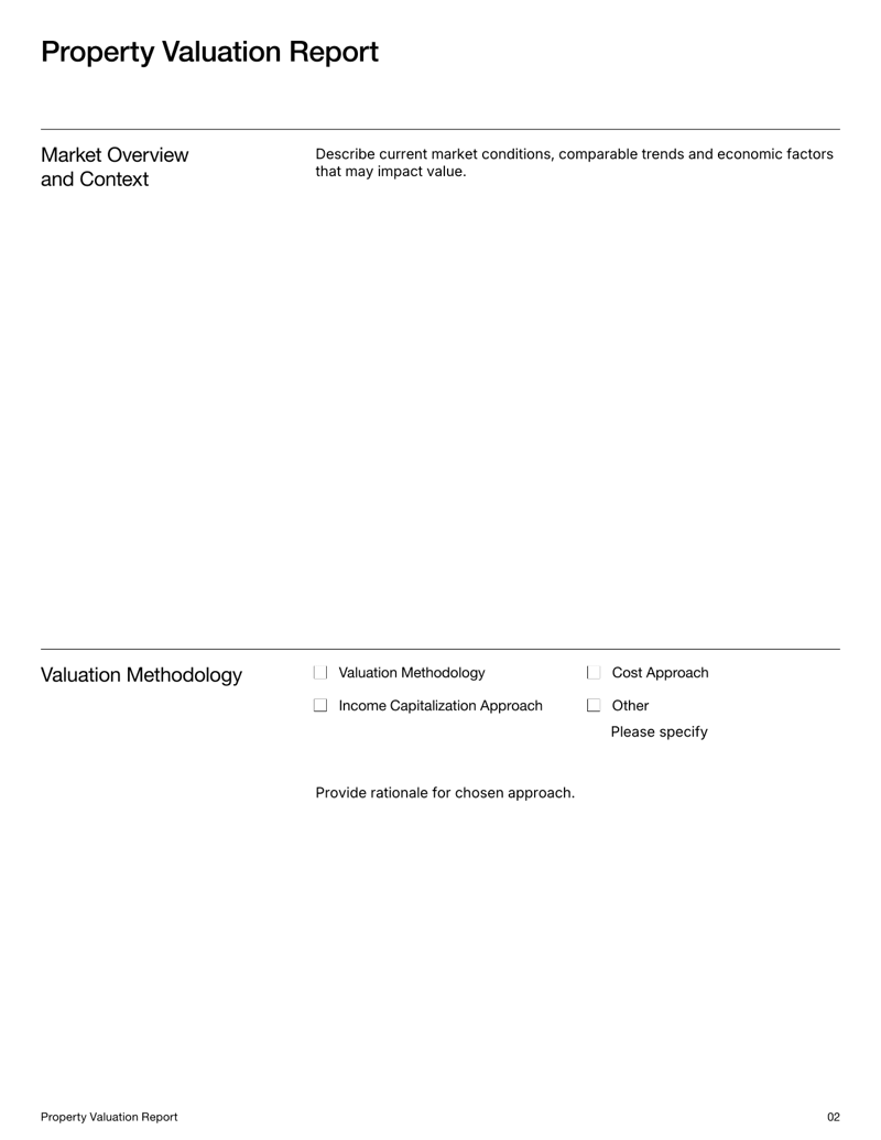 Property Valuation Report template with sections for property details, market context, valuation methods and value conclusion