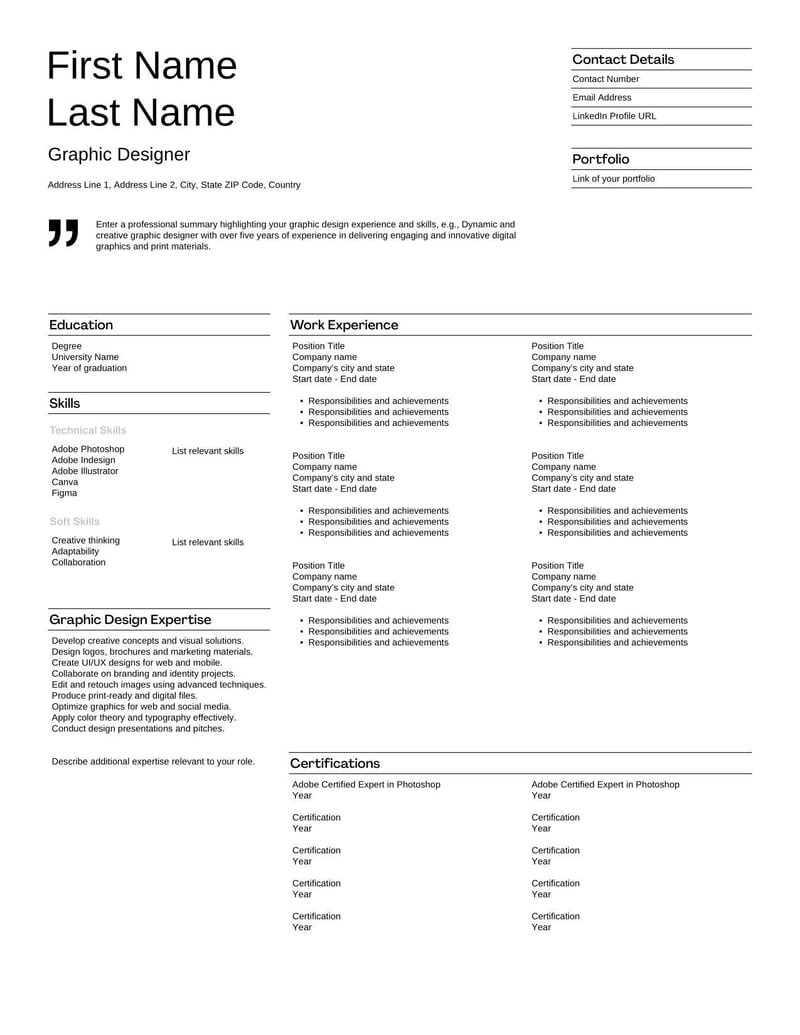 Graphic Designer Resume Template for showcasing creative projects, design skills, and software proficiency