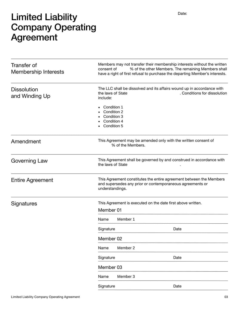 Startup LLC Operating Agreement Template detailing ownership and operational guidelines for a startup LLC