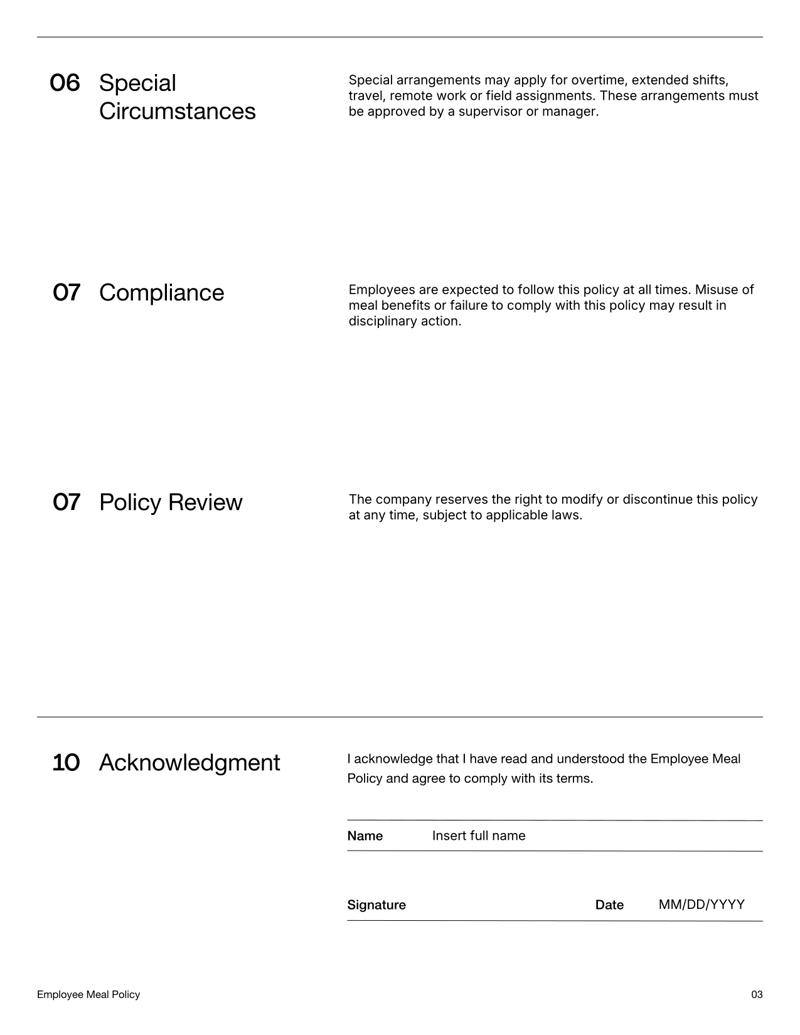 Employee Meal Policy defining meal breaks, allowances and workplace guidelines