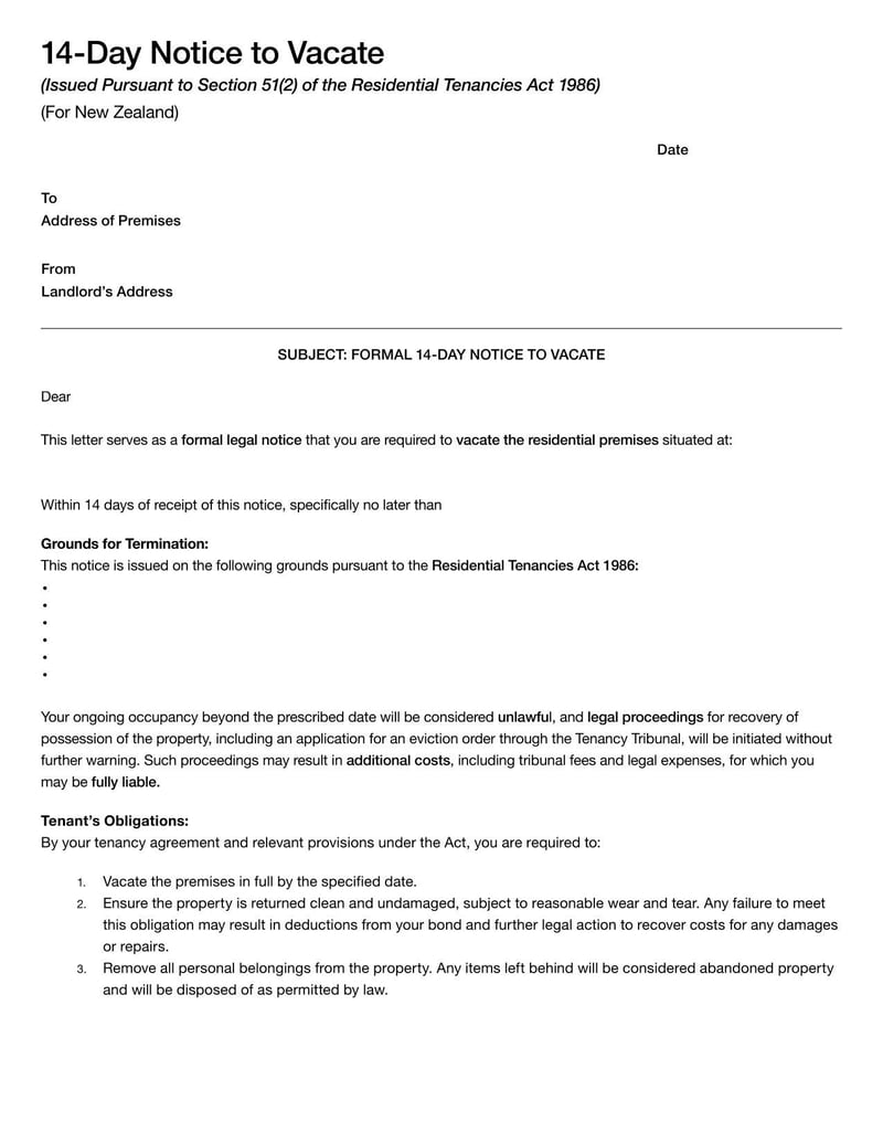 14-Day Notice To Vacate For New Zealand for notifying tenants of required vacancy due to breach or other causes