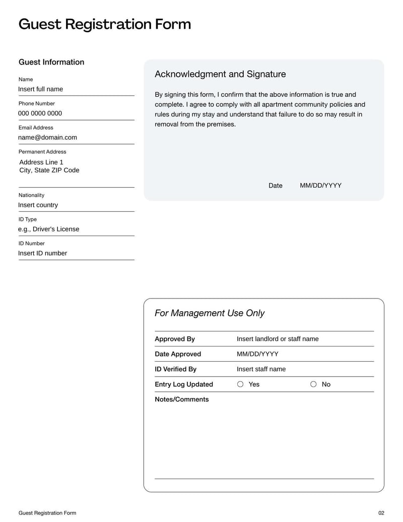 Guest Registration Form used to collect visitor details for security or hospitality purposes