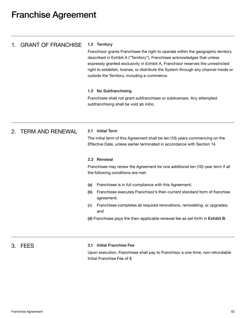 Franchise Agreement form detailing franchisor–franchisee rights and obligations