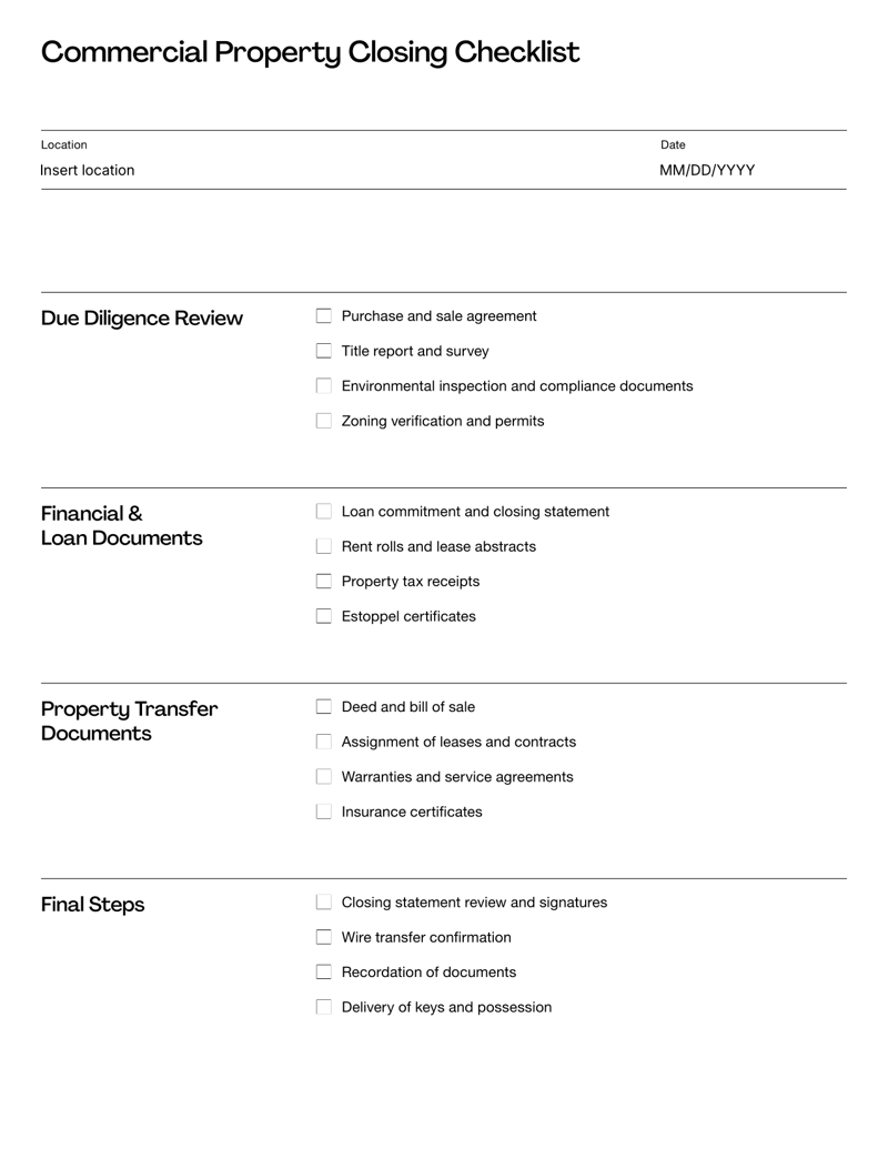 Commercial Property Closing Checklist with sections for due diligence, financial documentation, property transfer and final review steps