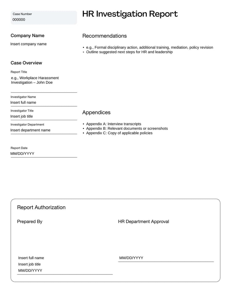 HR Investigation Report Template for documenting findings and outcomes of workplace investigations