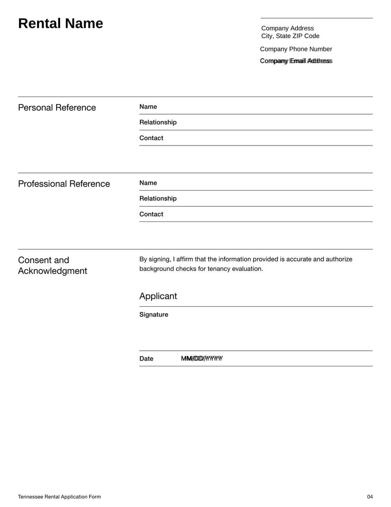 Rental Application Form Tennessee for screening prospective tenants and collecting rental history details