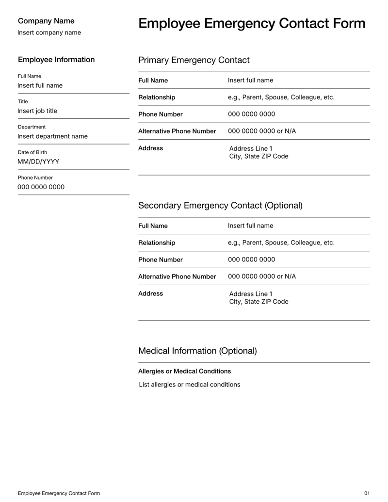 Employee Emergency Contact Form with sections for contact names, relationships, phone numbers, optional medical information and employee signature
