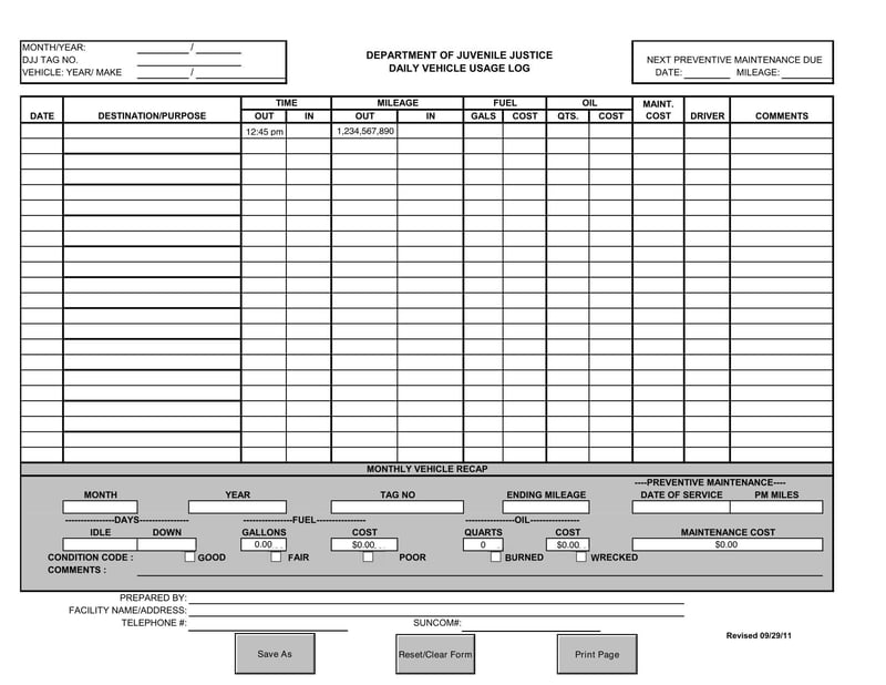 Large thumbnail of Florida Daily Vehicle Usage Log