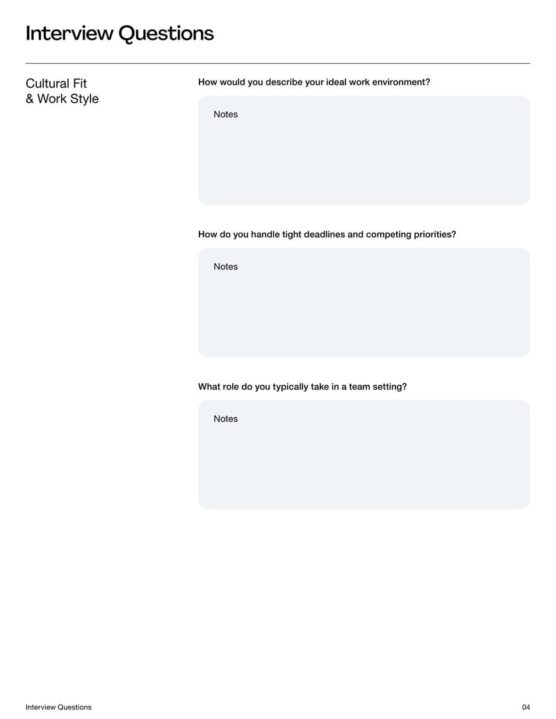 Interview Questions Template for structuring job interviews and evaluating candidates effectively