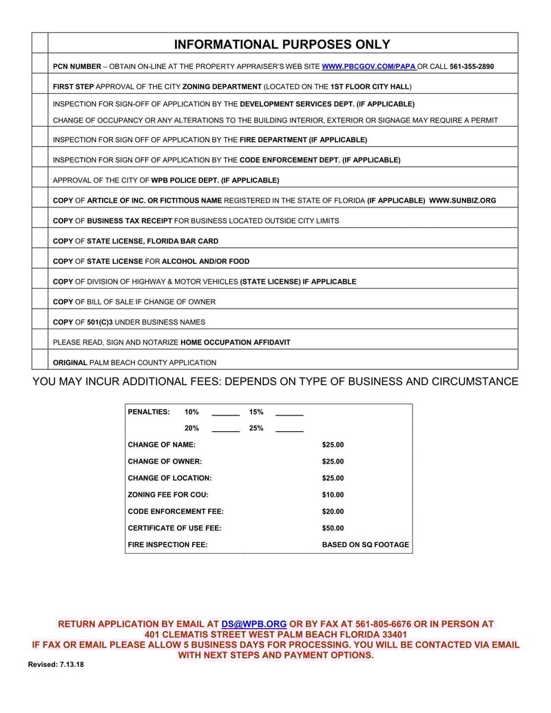 Large thumbnail of West Palm Beach Business Tax Application and Certificate of Use (2018) - Jul 2018