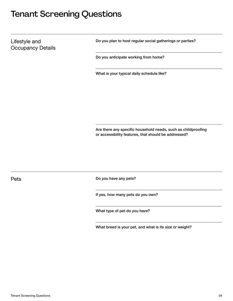 Tenant Screening Questions Template with key questions to assess a prospective tenant’s rental history, income, employment, and references