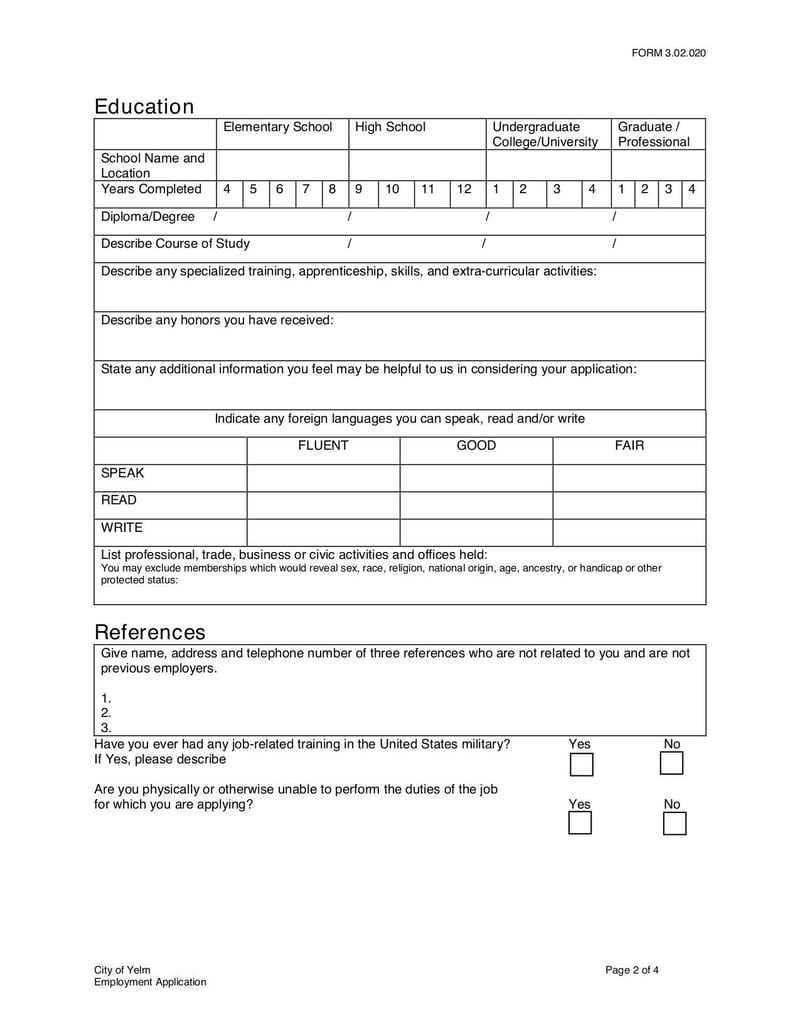Large thumbnail of City of Yelm Application for Employment (Form 3.02.020) - Mar 2018