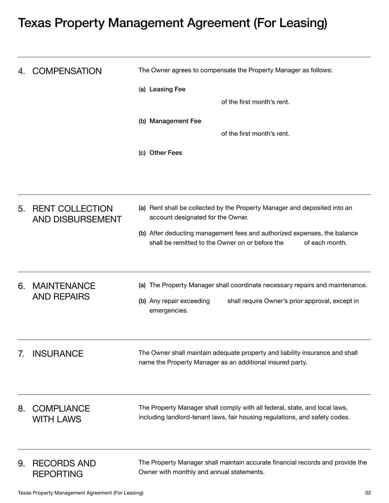 Property Management Agreement Texas for leasing provides tenant placement and lease management services for property owners