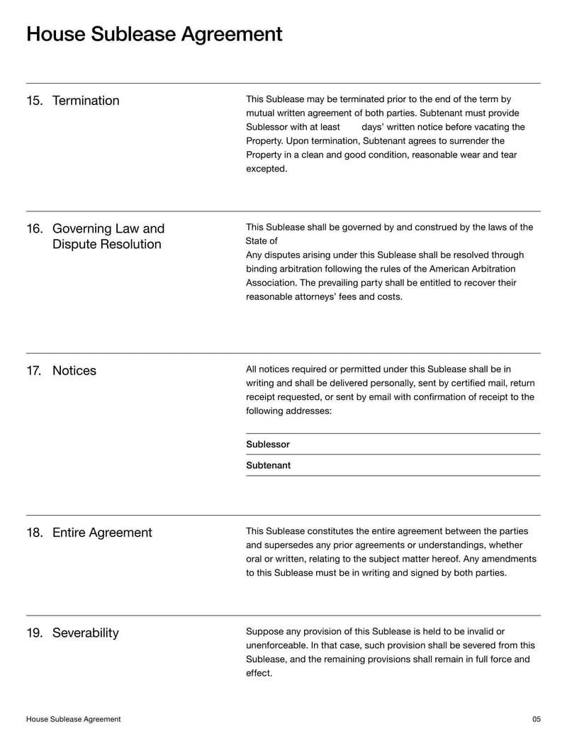 House Sublease Agreement for outlining lease transfer terms