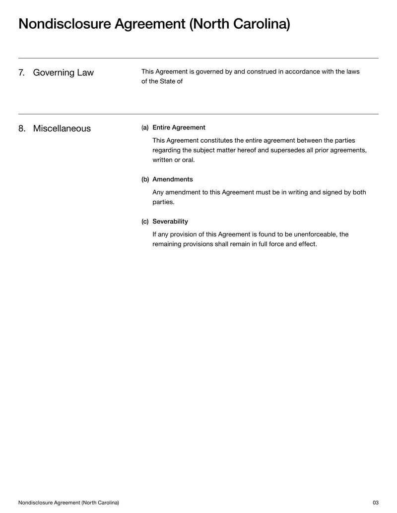 North Carolina Nondisclosure Agreement document with confidentiality and nondisclosure terms