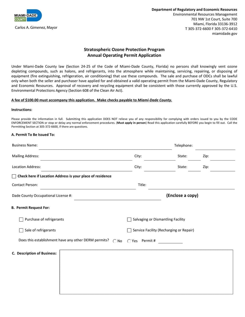 Large thumbnail of Miami-Dade County Stratospheric Ozone Protection Program Annual Operating Permit Application