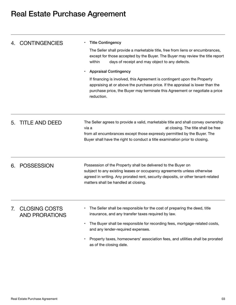 Real Estate Purchase Agreement outlining terms and conditions for the sale of real property