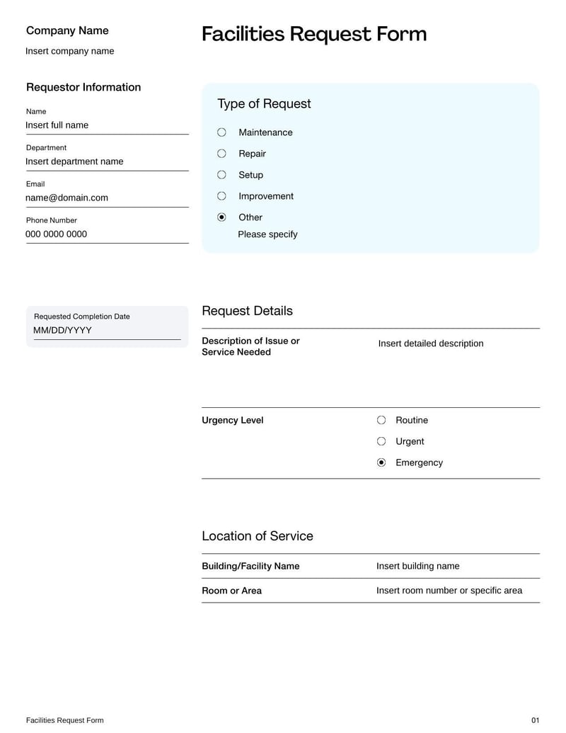 Facilities Request Form for submitting maintenance or room usage requests within an organization