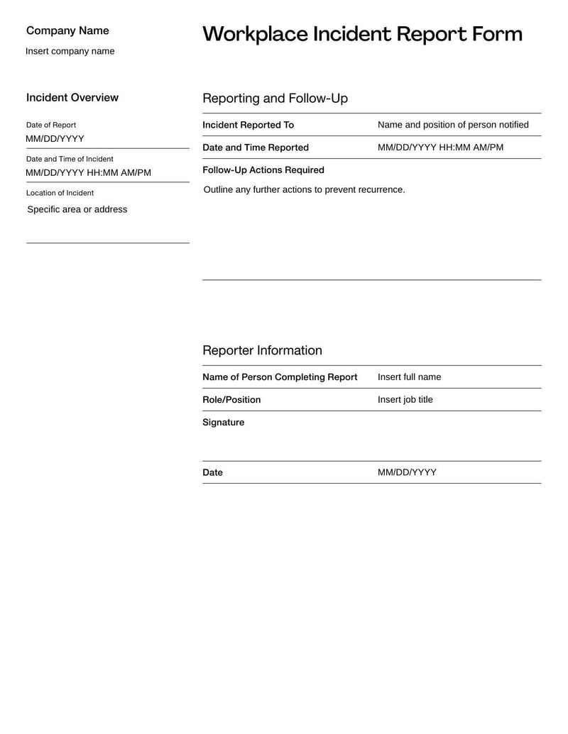 Workplace Incident Report Form for documenting details of incidents in the workplace