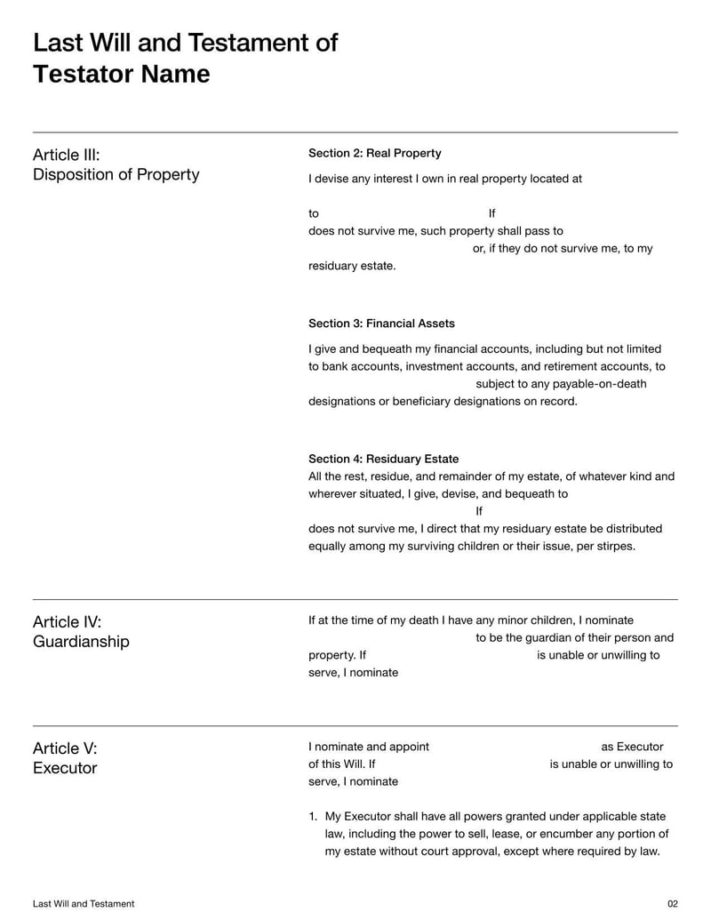 Last Will and Testament for declaring asset distribution and guardianship after death
