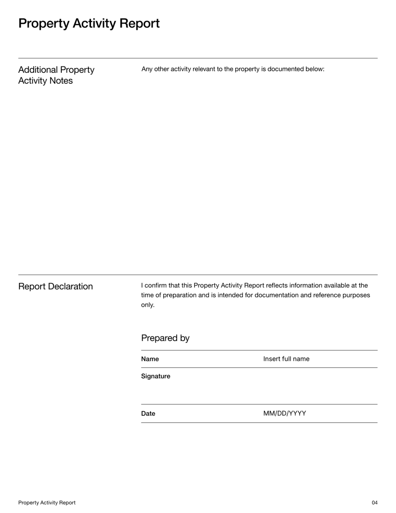 Property Activity Report document with sections for ownership, permits, inspections, zoning and regulatory activity