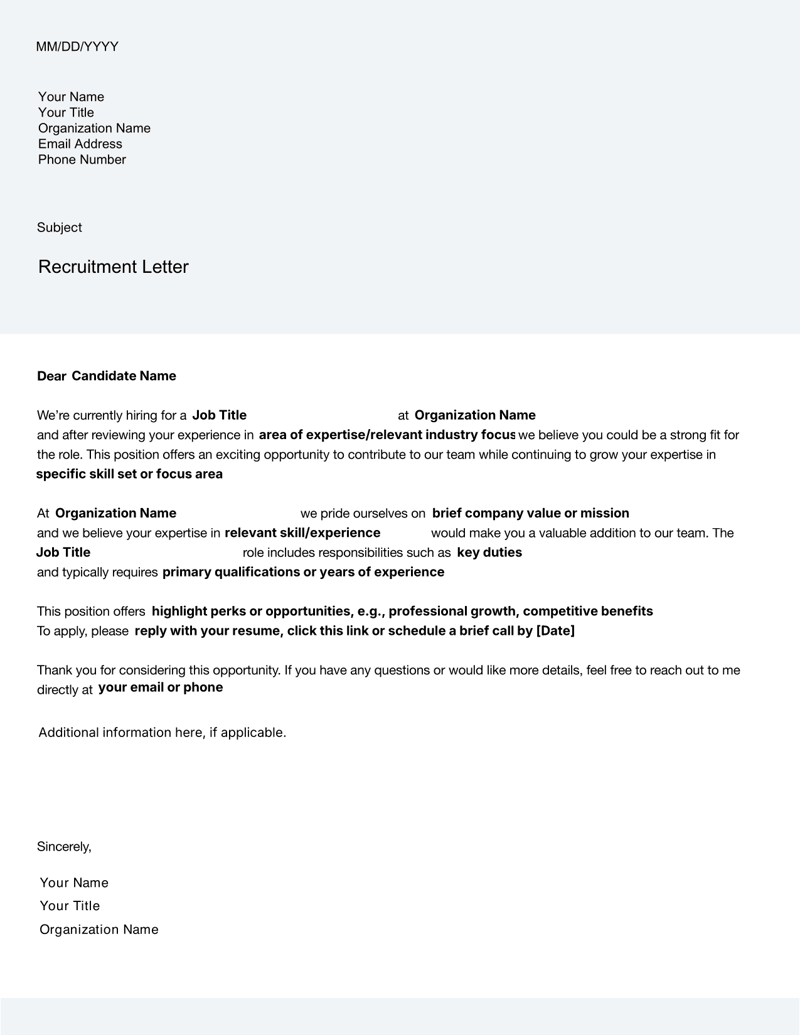 Recruitment Letter outlining role invitation, company introduction, job details and call to action