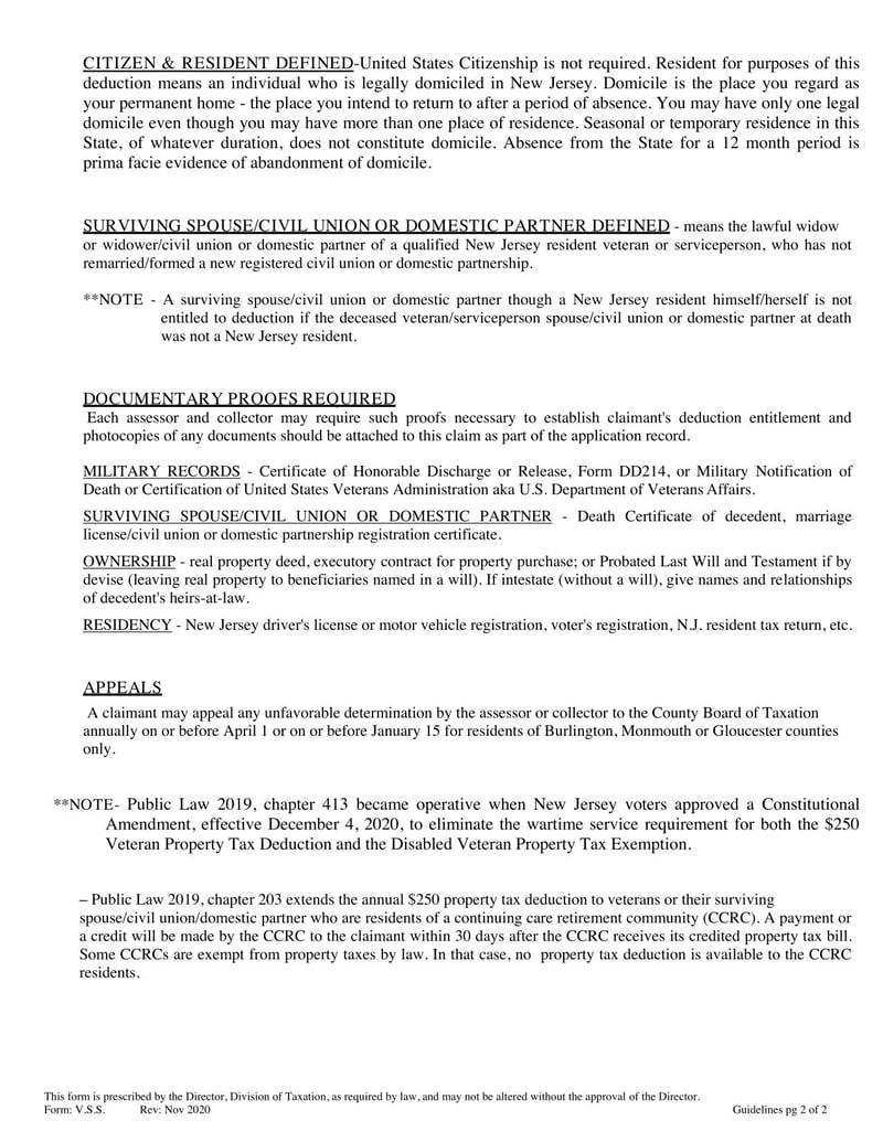Large thumbnail of Property Tax Deduction Claim By Veteran or Surviving Spouse/Civil Union or Domestic Partner of Veteran or Serviceperson - 2020