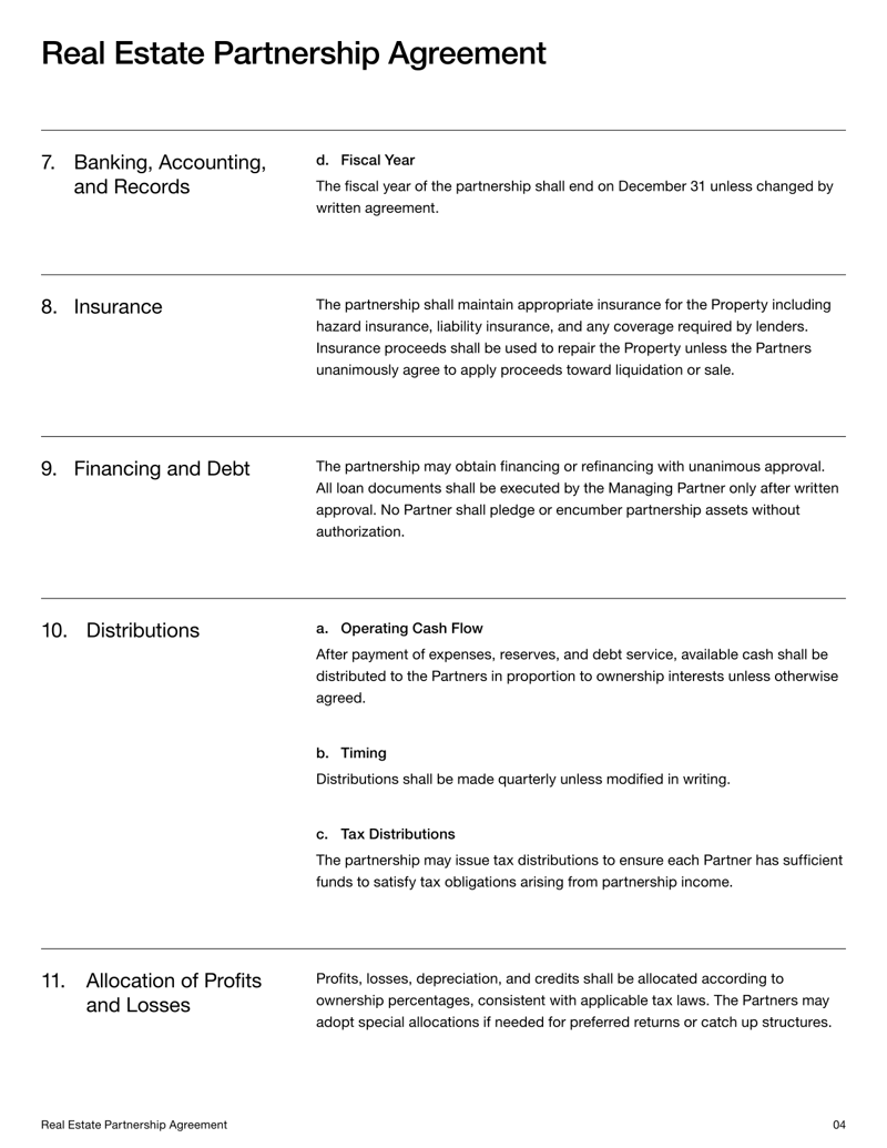 Real Estate Partnership Agreement covering contributions, ownership, management duties and partner rights