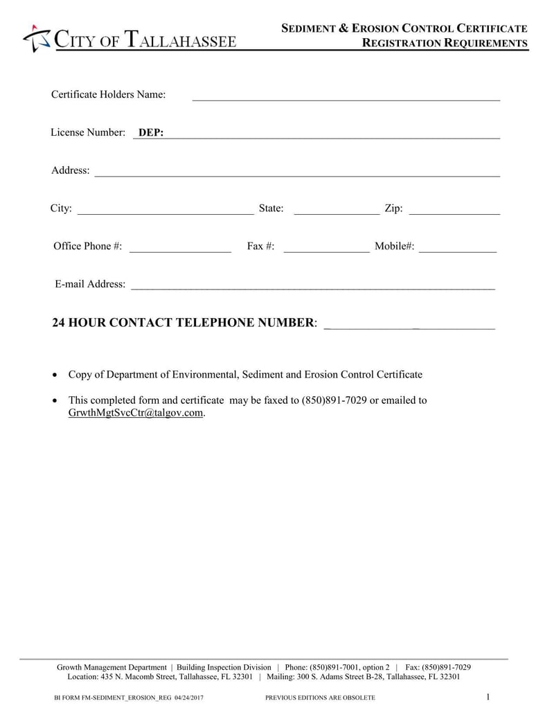 Large thumbnail of City of Tallahassee Sediment & Erosion Control Certificate Registration Requirements