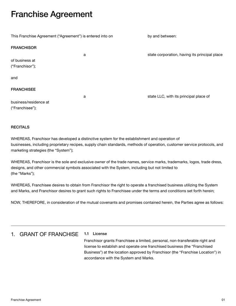 Franchise Agreement form detailing franchisor–franchisee rights and obligations
