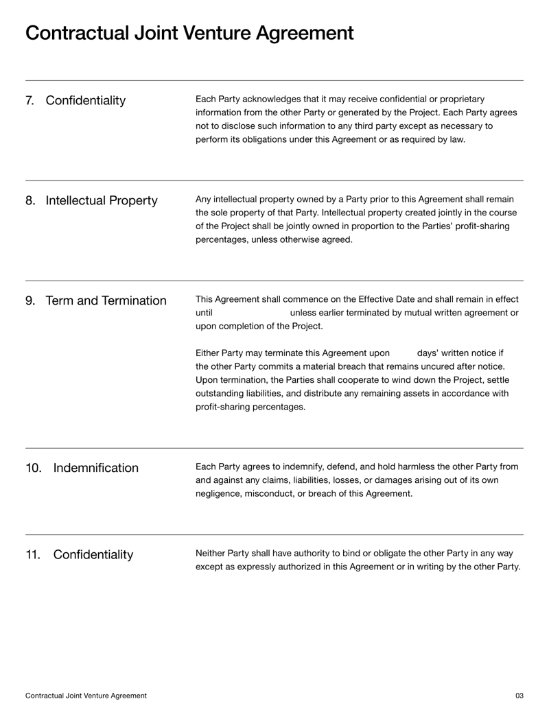 Contractual Joint Venture Agreement template defining roles, profit-sharing and governance terms