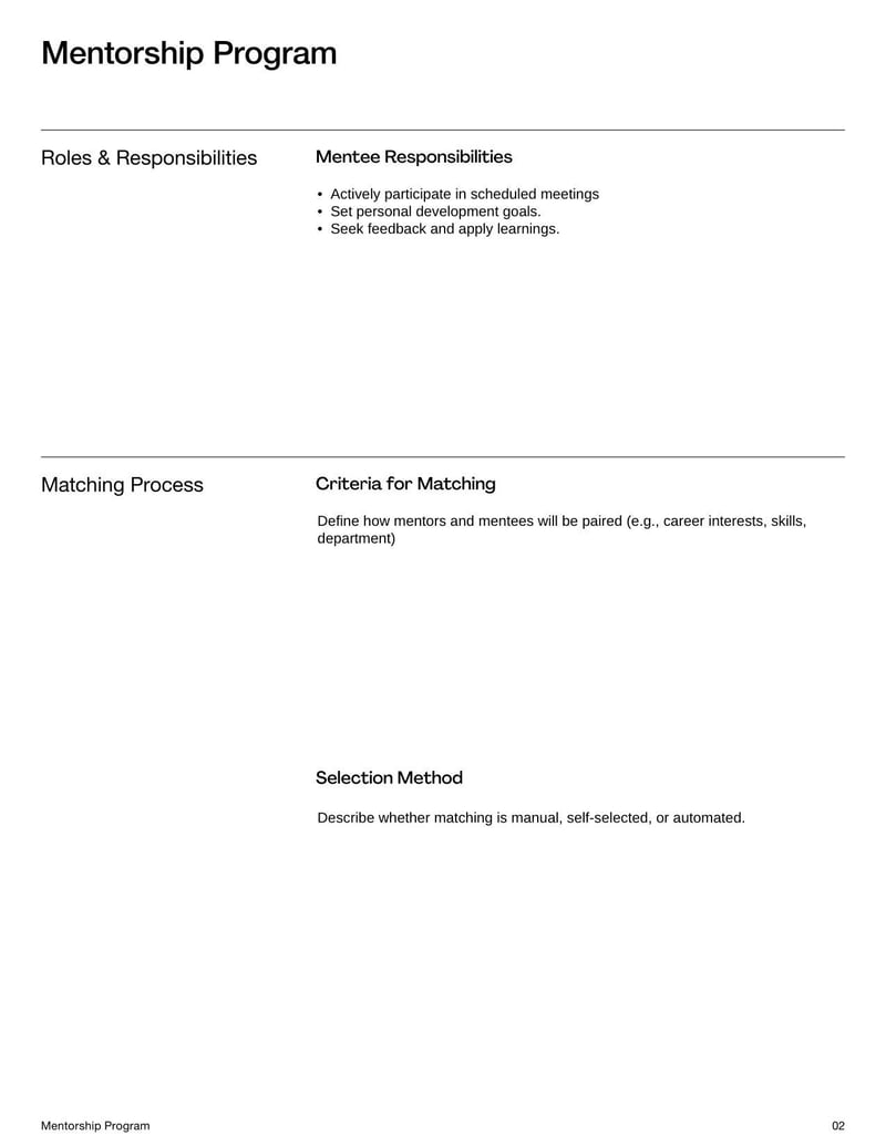 Mentorship Program Template for outlining mentor-mentee roles, objectives, and professional development plans