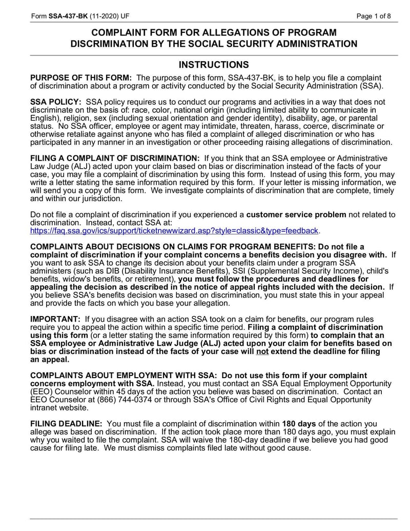 Large thumbnail of Complaint Form for Allegations of Program Discrimination by the Social Security Administration (Form SSA-437-BK) - Dec 2021