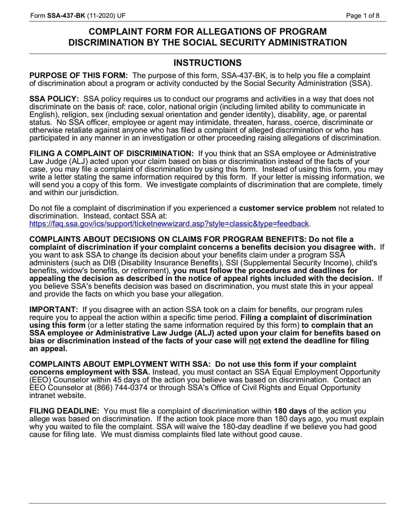 Thumbnail of Complaint Form for Allegations of Program Discrimination by the Social Security Administration (Form SSA-437-BK) - Dec 2021 - page 0