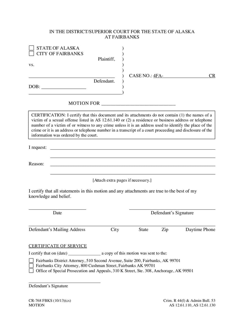 Large thumbnail of Motion (Form CR-768 FBKS) - Oct 2013