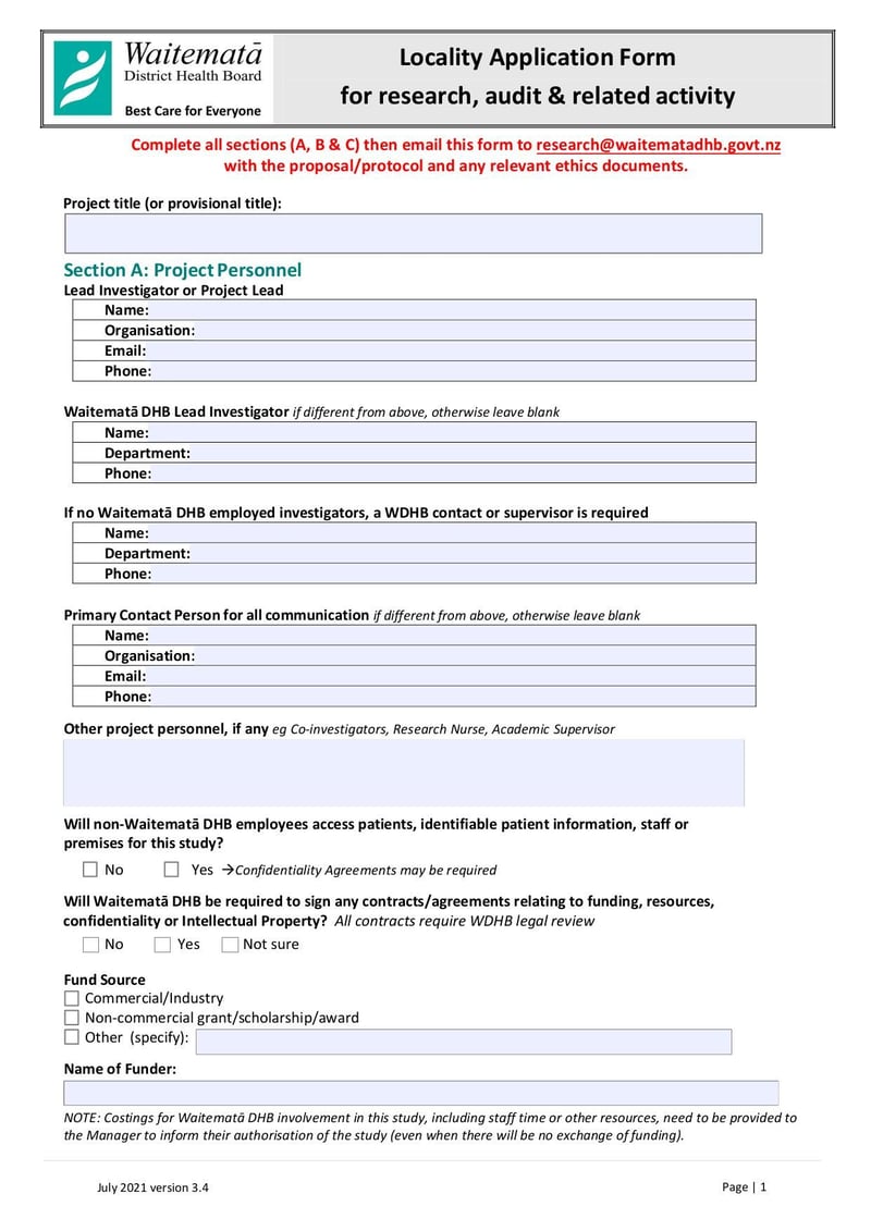 Thumbnail of WDHB Locality Application Form for Research, Audit and Related Activity - Aug 2022 - page 0