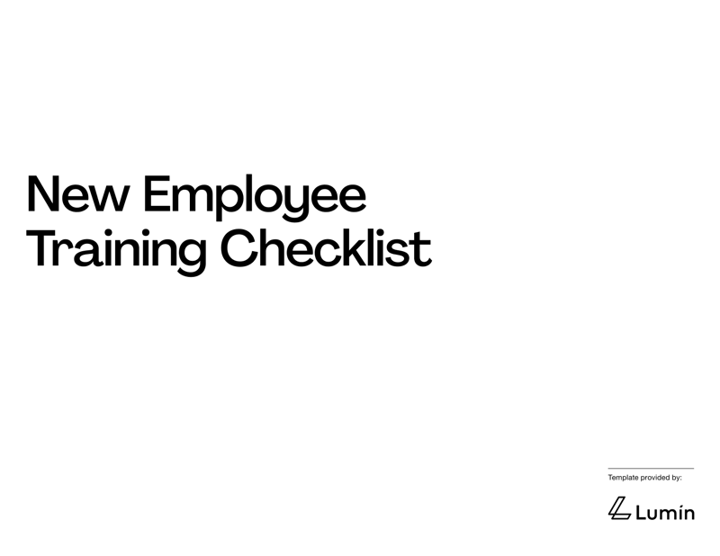 New Employee Training Checklist with pre-boarding, orientation tasks, technology setup, role training and check-in schedule