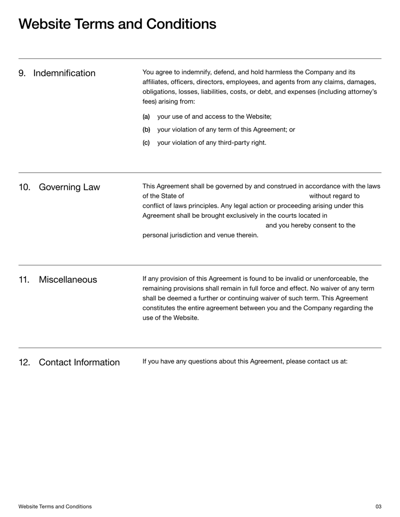 Website Terms and Conditions Template covering rules for site use, intellectual property and liability limits