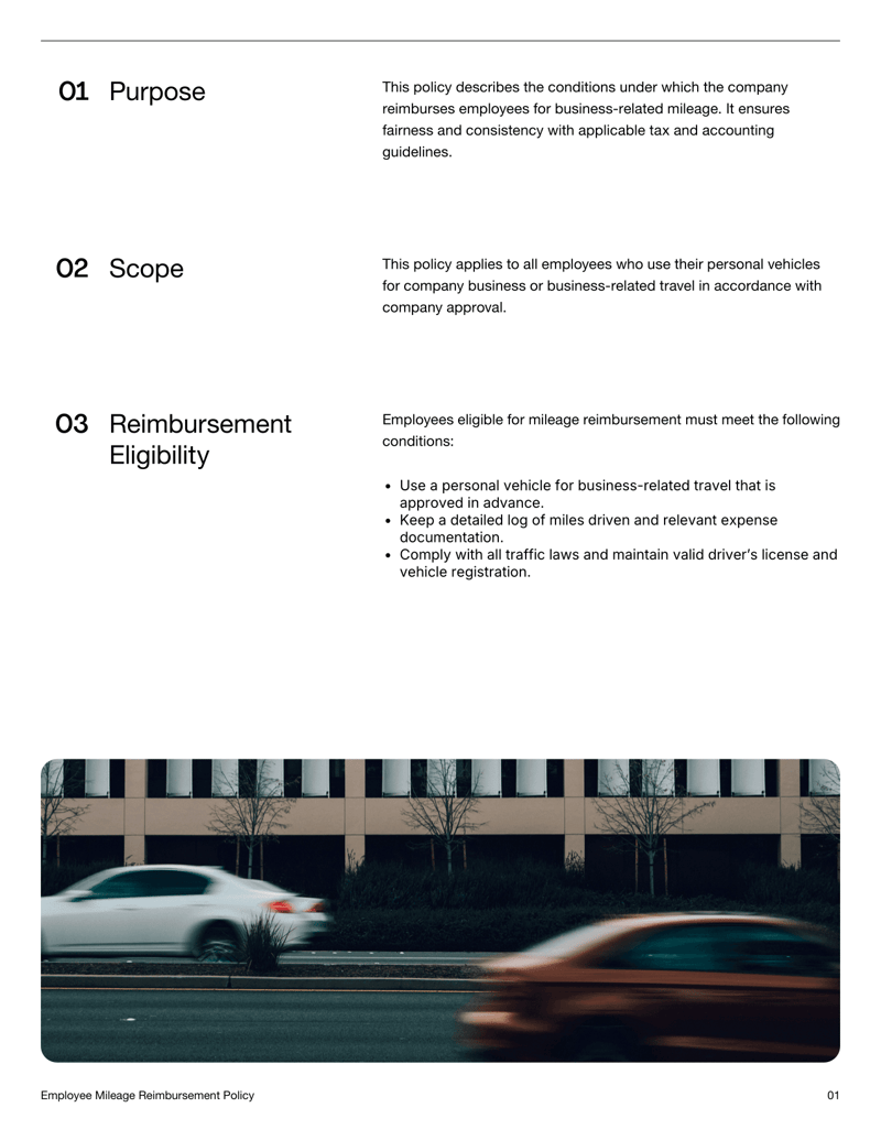 Employee Mileage Reimbursement Policy template describing eligibility, rate, documentation and claim procedures