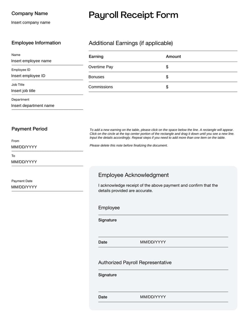 Payroll Receipt Form documenting employee payment details, including wages, deductions, and net pay