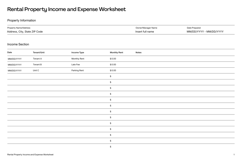 Rental Property Income and Expense Worksheet with sections for income, expenses, property details and net income totals