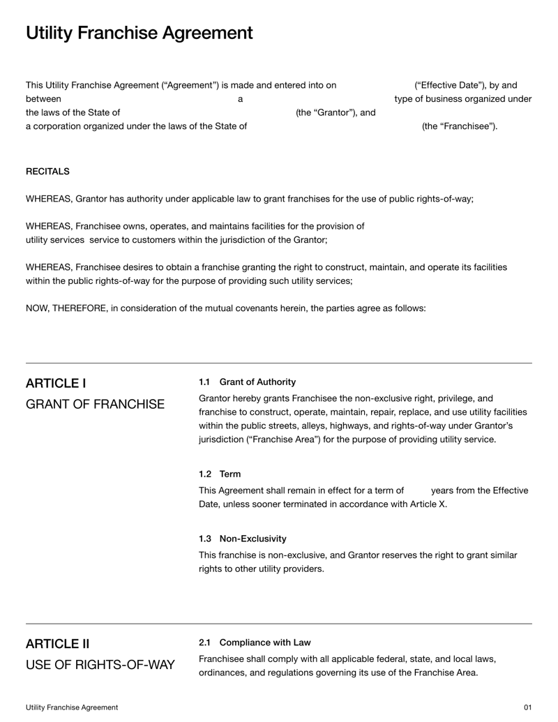 Utility Franchise Agreement detailing grantor–franchisee rights, franchise fees, service standards and dispute resolution