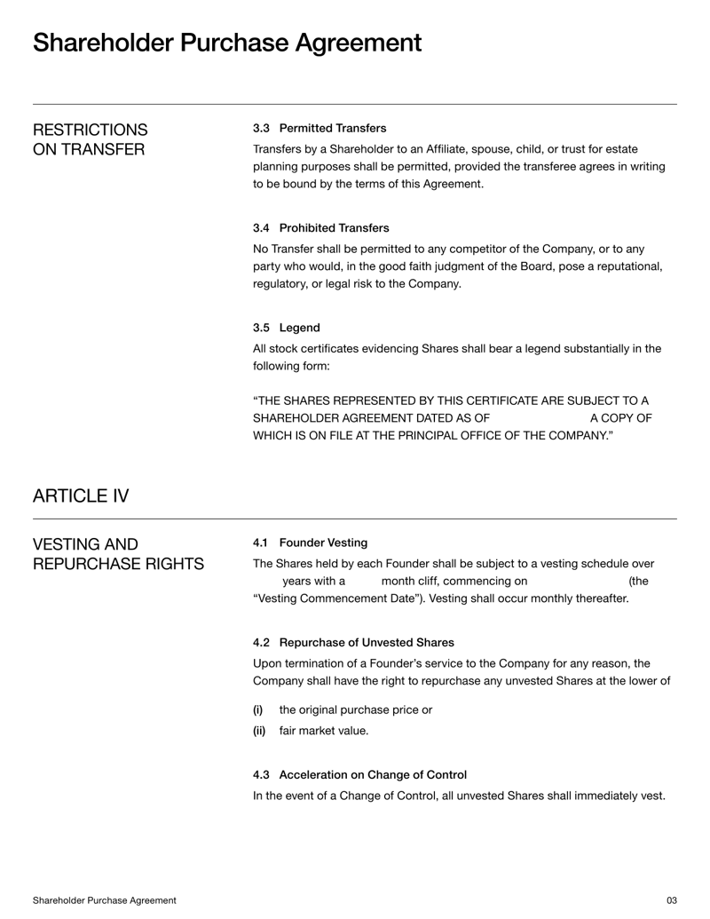 Startup Shareholder Agreement detailing shareholder rights, governance rules, ownership and dispute resolution