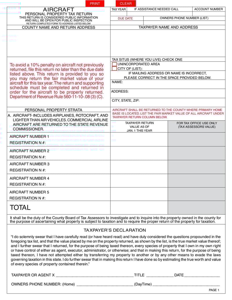 Large thumbnail of Aircraft Personal Property Tax Return PT-50A - Jul 2023