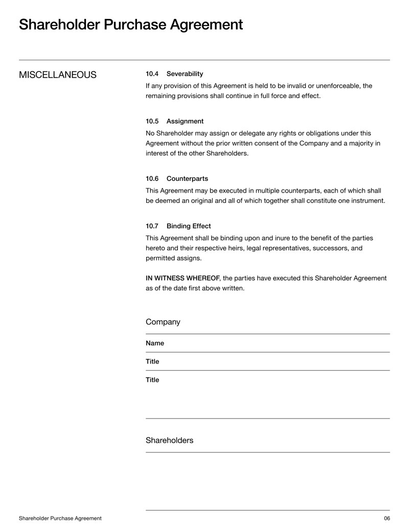 Startup Shareholder Agreement detailing shareholder rights, governance rules, ownership and dispute resolution