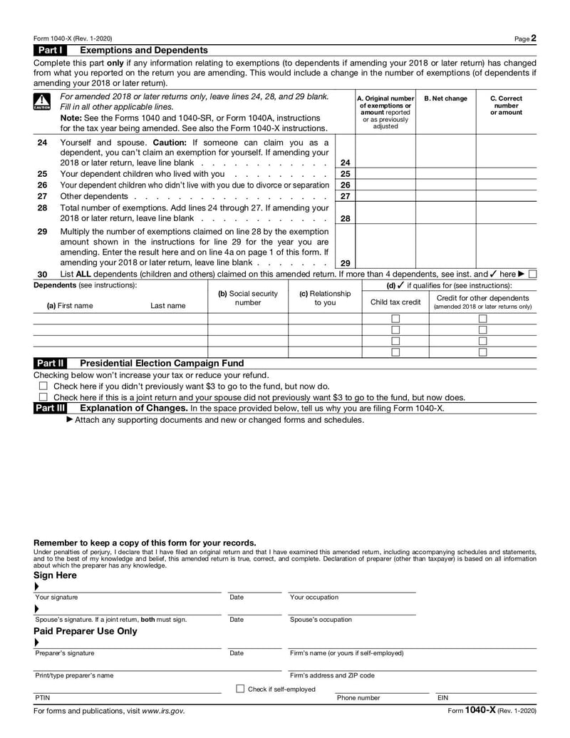 Large thumbnail of Form 1040-X - Jan 2020