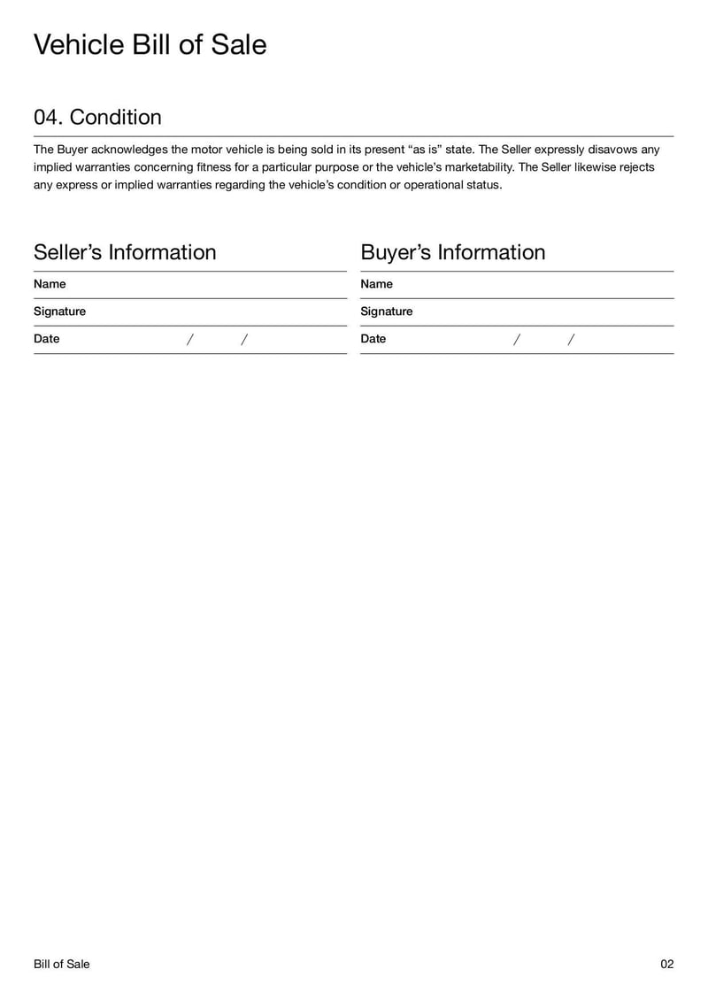 Motor Vehicle Bill of Sale Template for documenting the sale and transfer of a vehicle